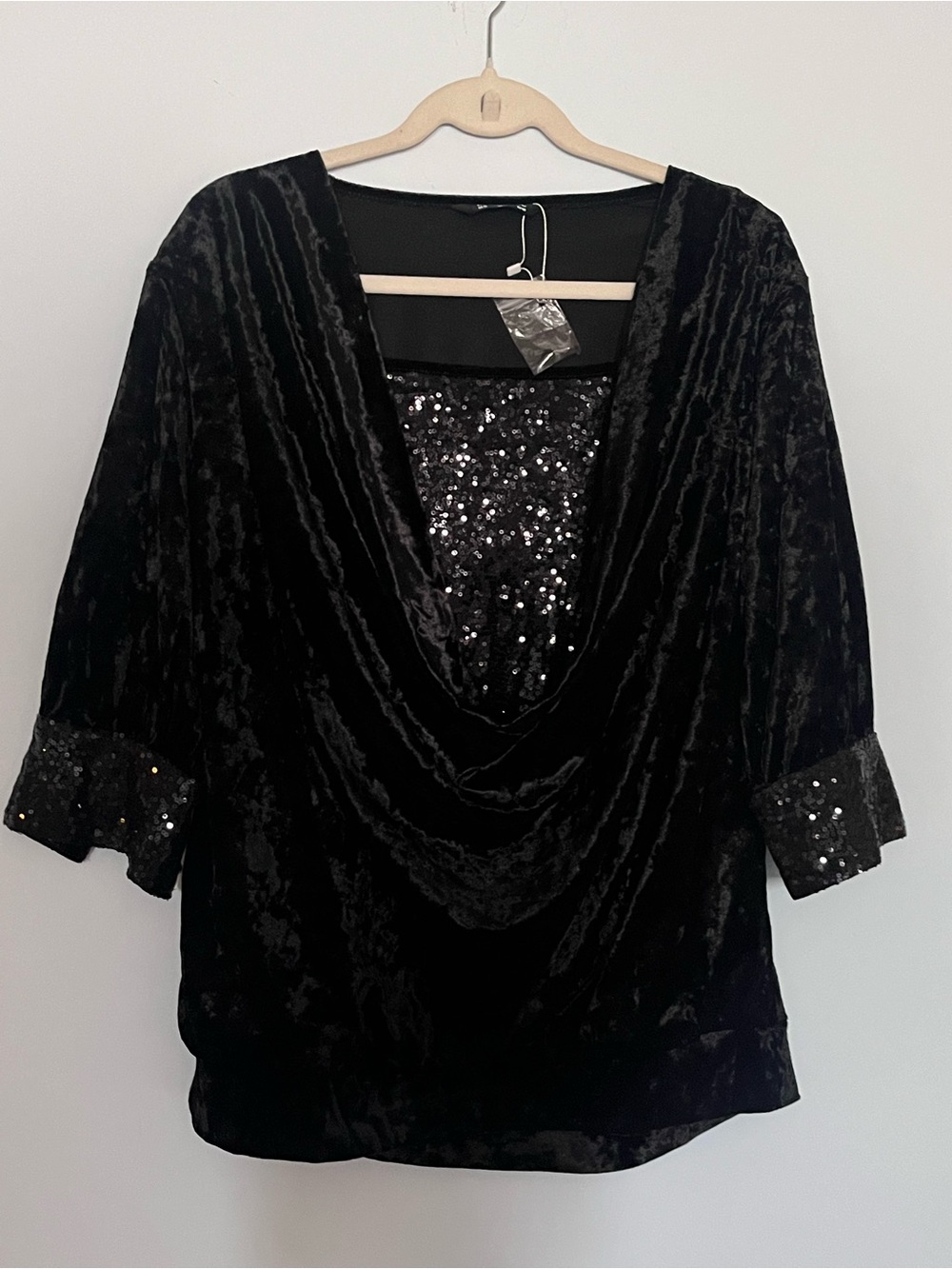 BloomChic Black Velvet Cowl Neck Sequin Trim Blouse